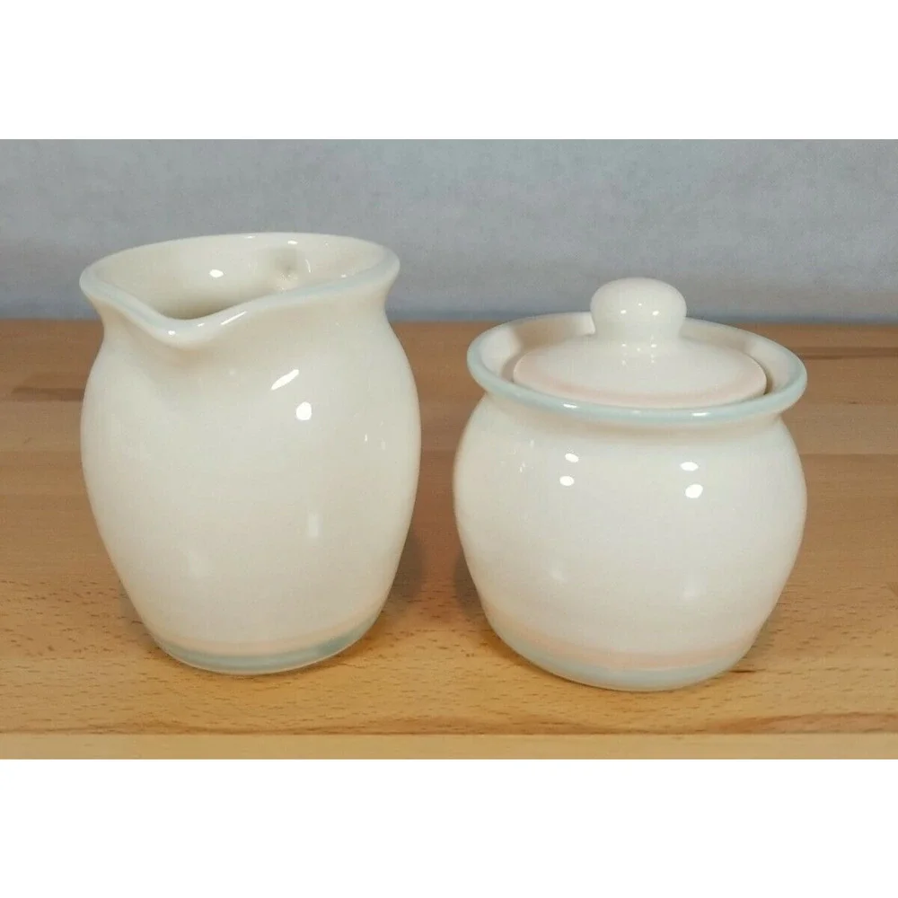 Pfaltzgraff Creamer & lidded Sugar 024 Sunrise pattern Blue and Rose Stripe